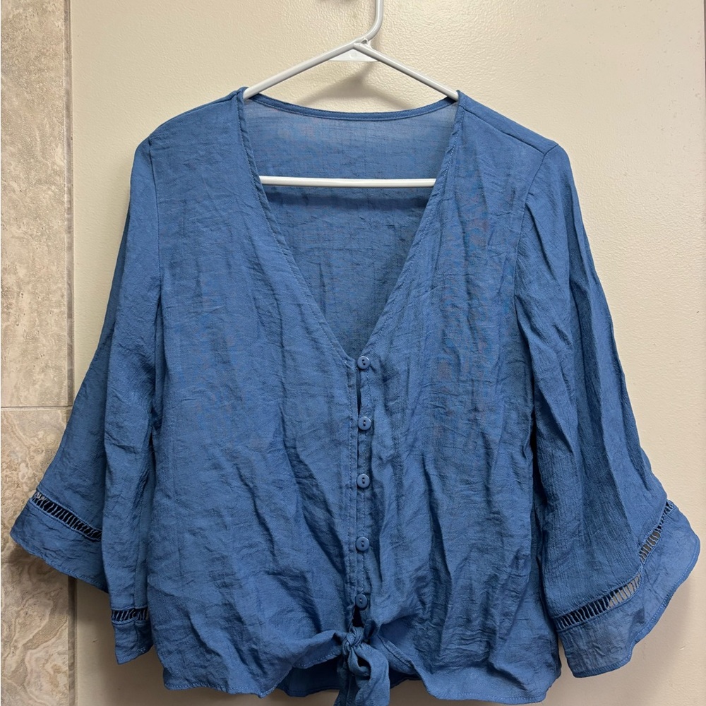 Cupshe Blue V-Neck Button-Down Blouse